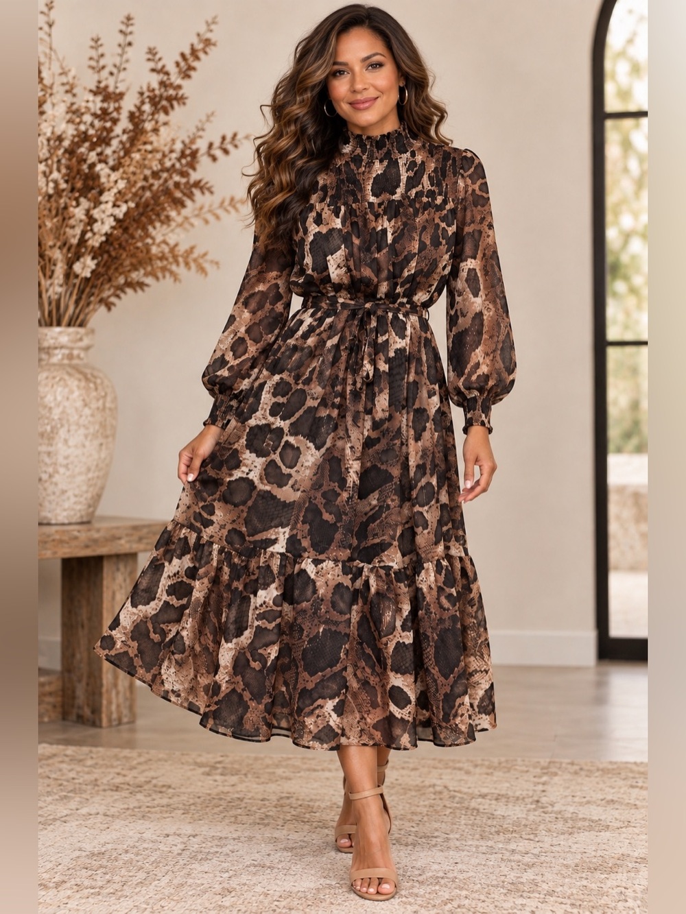 Catch Desire NWT Animal Print Smocked Belted Tiered Maxi Dress.